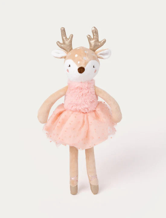 Front view of Ballerina reineer Ruth plush toy in a pink tulle dress and gold antlers, Teddykompaniet x Baby Belle collection.