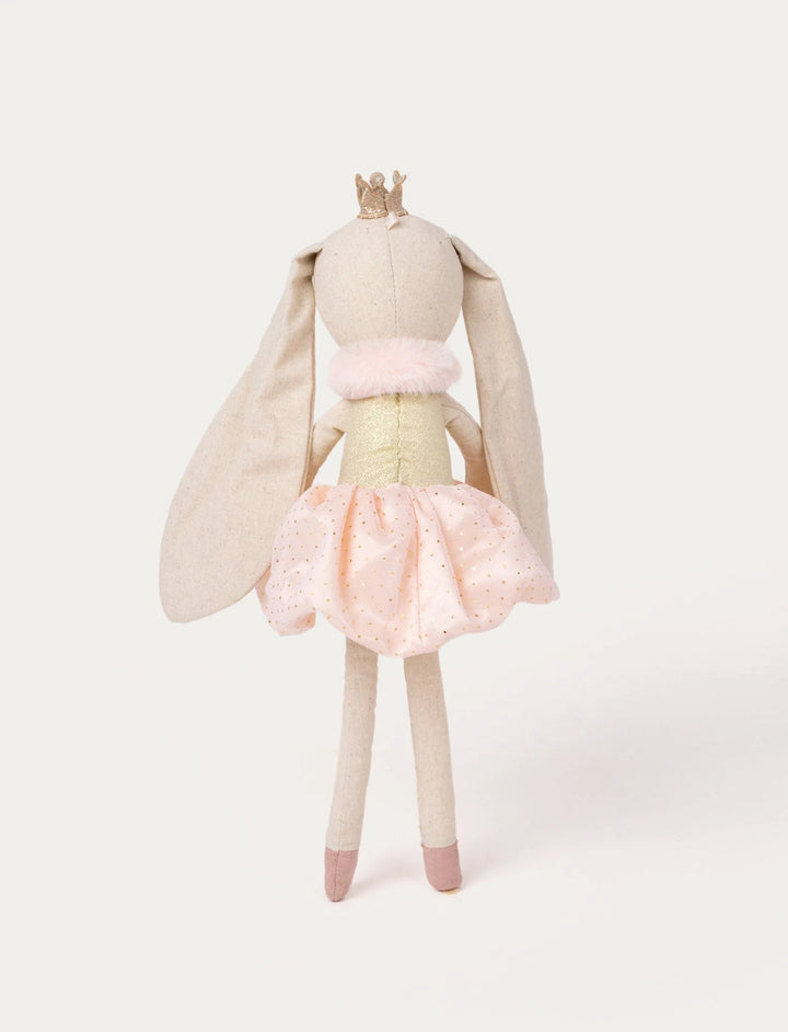 Back view of Ballerina Bunny Line plush toy with flowing pink tutu, gold crown, and soft linen ears, Baby Belle.