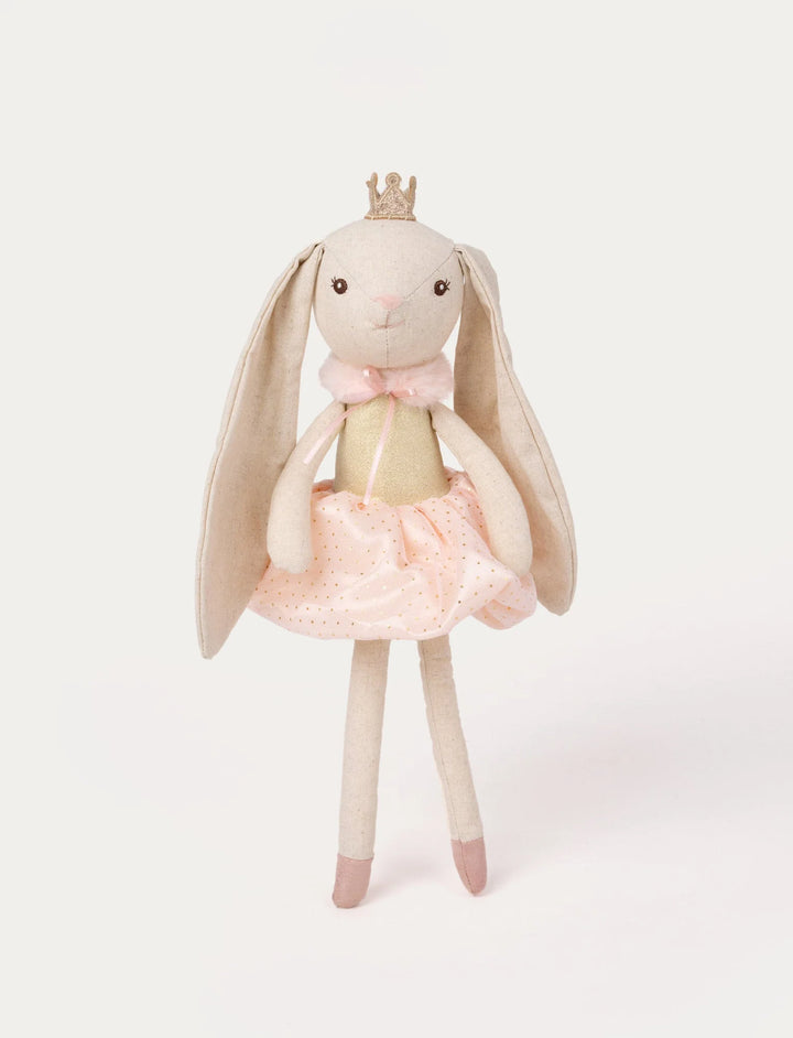 Front view of Ballerina Bunny Line plush toy in a pink dotted dress with gold crown and long ears, Teddykompaniet x Baby Belle collection.