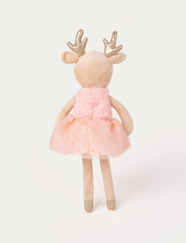 Back view of Ballerina reindeer Ruth soft toy in her pink ballet dress with gold antlers and beige plush body, Baby Belle.