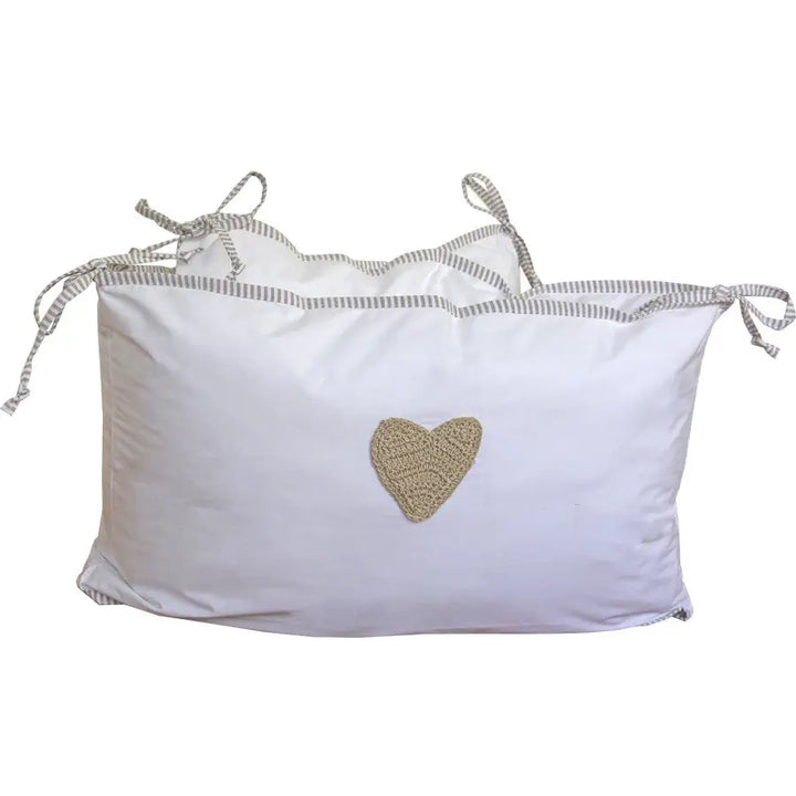 Cot Bumper- Stone Stripe Hand-crocheted Heart - Linen- Baby Belle