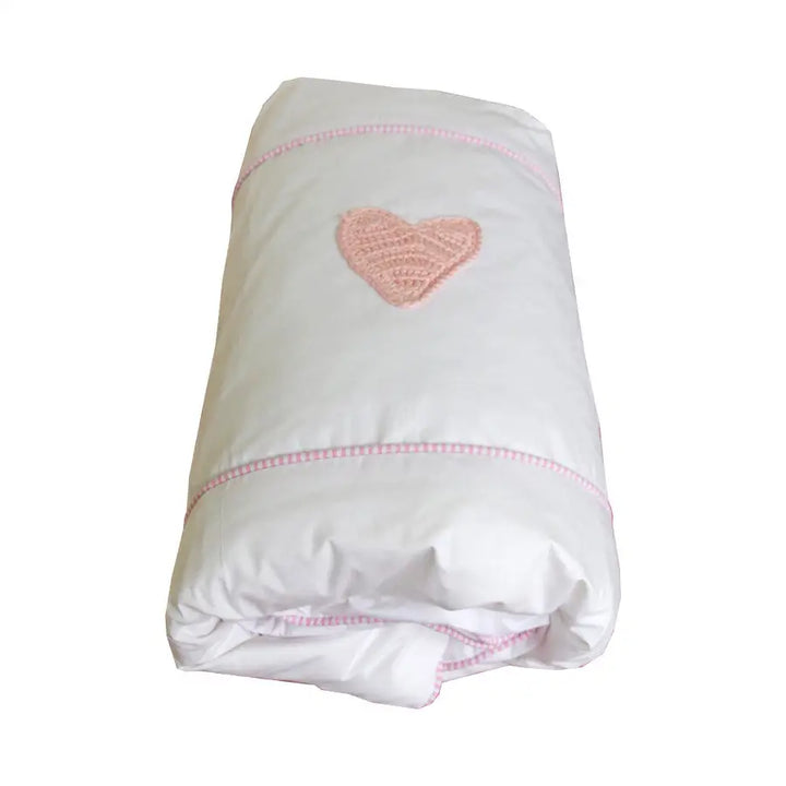 Cot Duvet Cover- Pink Hand-crocheted Heart - Linen- Baby Belle