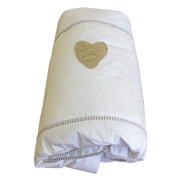 Cot Duvet Cover- Stone Hand-crocheted Heart - Linen- Baby Belle
