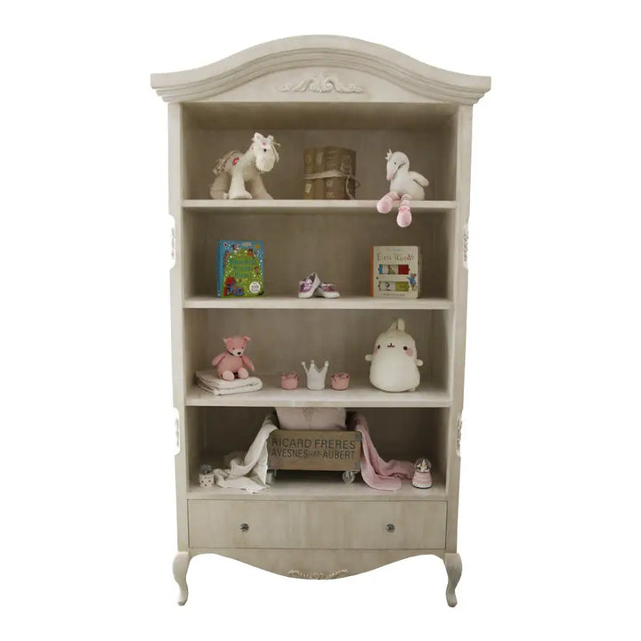 Hand-crafted Auriga Bookshelf - Handcrafted white nursery bookshelf with arched crown and carved detailing, part of the Baby Belle furniture collection