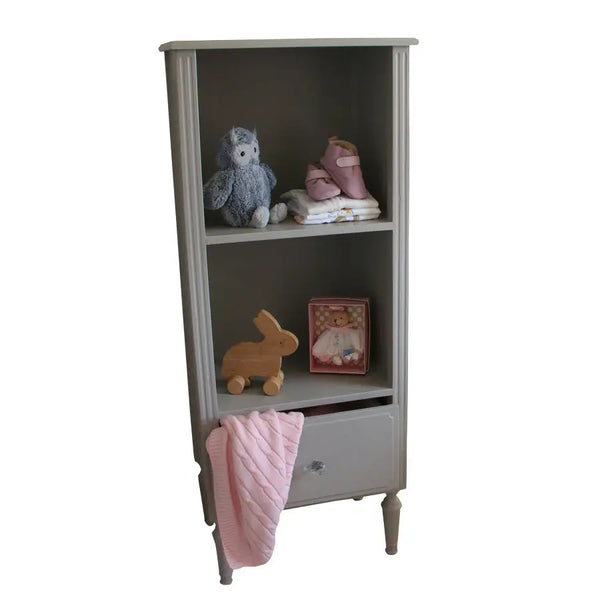 Hand-painted Bellissimo bookshelf with two open shelves and deep drawer, customisable handles and non-toxic finish