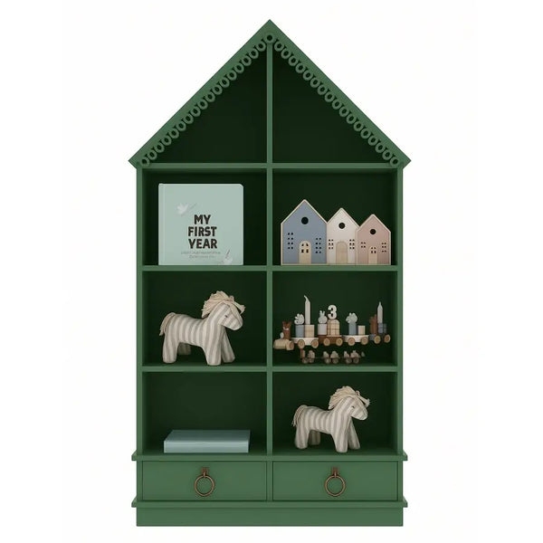 House-shaped Juliette bookshelf by Baby Belle with shelves and drawers, handcrafted and painted in custom finish for children’s rooms