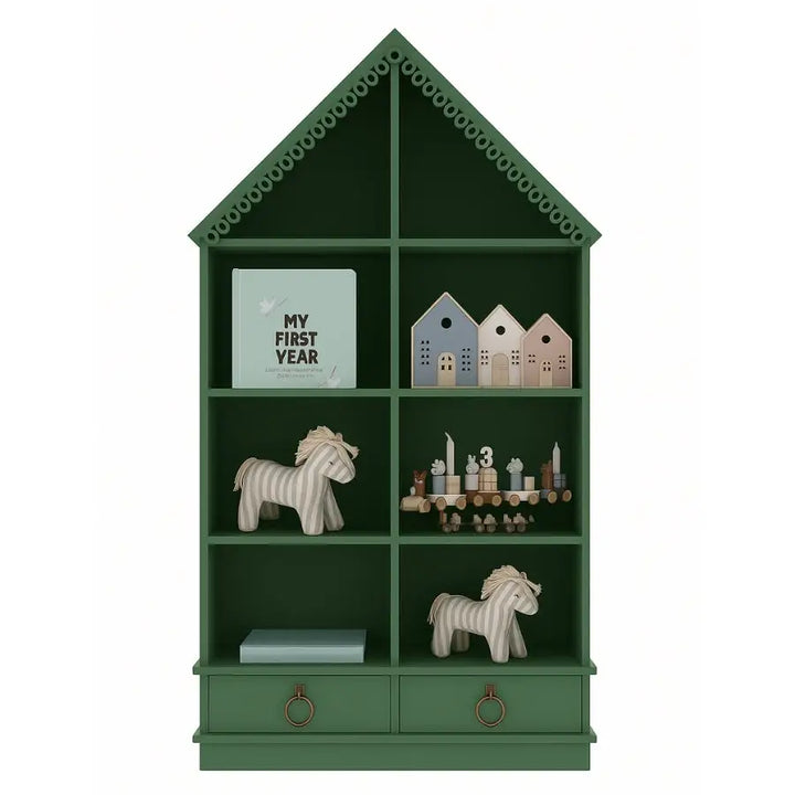 House-shaped Juliette bookshelf by Baby Belle with shelves and drawers, handcrafted and painted in custom finish for children’s rooms