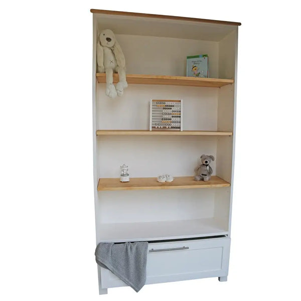 Tall Hudson bookshelf with four open natural wood shelves and lower drawer, white frame, ideal for nursery, kids’, or teen rooms

