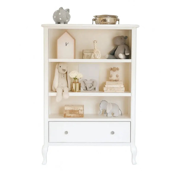 French-style Isabella bookshelf with three open shelves, Queen Anne legs, and lower drawer, hand-painted finish, ideal for children's rooms
