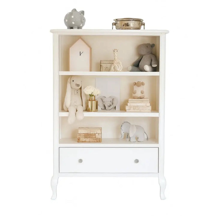French-style Isabella bookshelf with three open shelves, Queen Anne legs, and lower drawer, hand-painted finish, ideal for children's rooms
