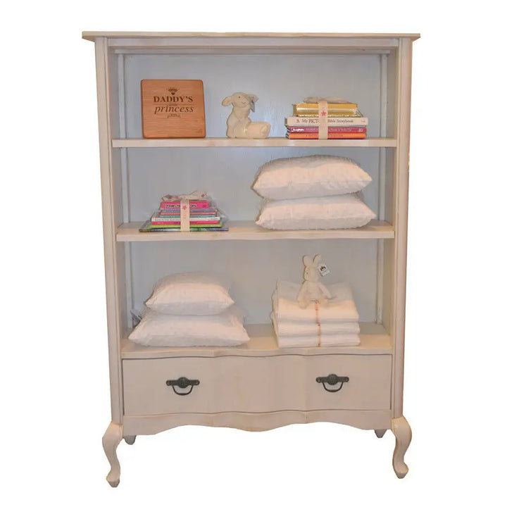 French-style Isabella bookshelf with three open shelves, Queen Anne legs, and lower drawer, hand-painted finish, ideal for children's rooms
