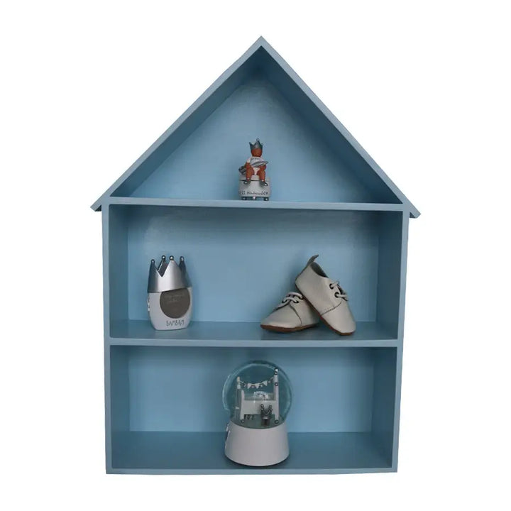 Large Isabella house-shaped wall shelf in soft blue, handcrafted and styled for nursery or child’s room with open storage display
