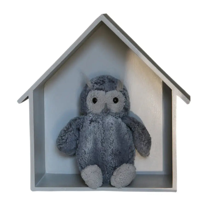 Single Isabella house-shaped wall shelf in French grey, styled with plush owl toy, handcrafted for nursery or children's room display
