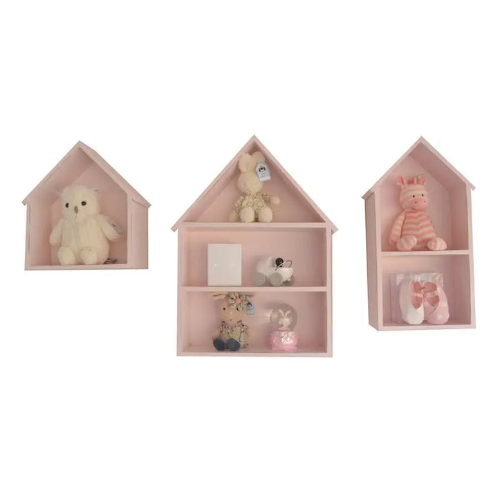 Set of handcrafted white Isabella house shelves in small, medium, and large, styled for nursery or children’s wall display
