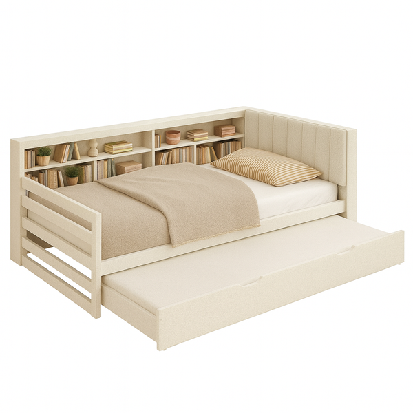 The Josh Bed in ivory– a handcrafted kids’ daybed with built-in bookshelf, fluted upholstered headboard, and pull-out trundle by Baby Belle.