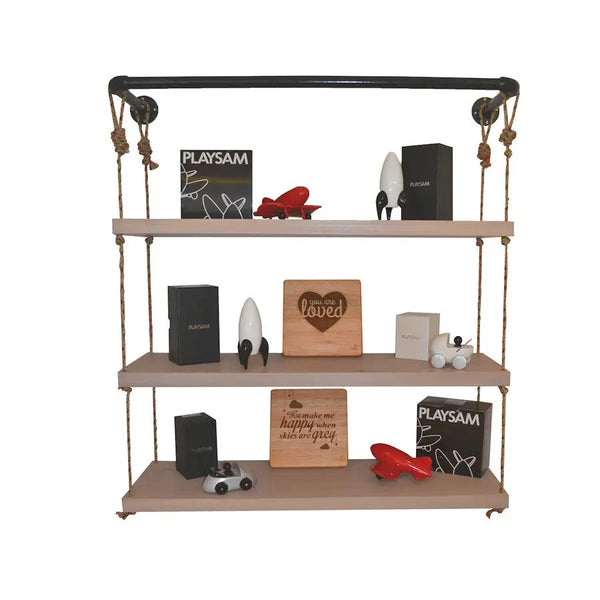 Handcrafted Pure Rope Wall Shelf by Baby Belle featuring three wooden floating shelves suspended from a black steel pipe with rope, styled for kids' spaces

