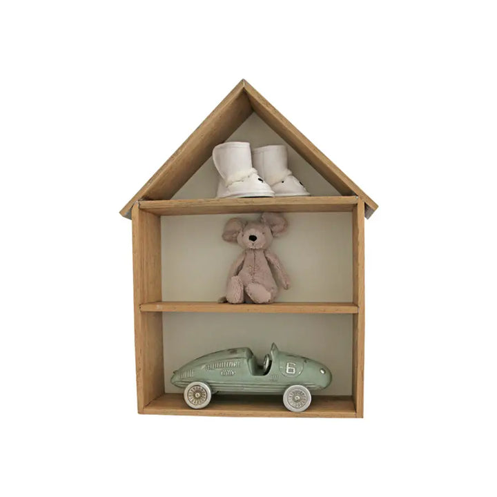 Large Sebastian house-shaped wall shelf in French Oak with a neutral painted back panel, featuring three compartments styled with baby shoes, a plush toy, and a vintage toy car – perfect for nursery or children's room organization
