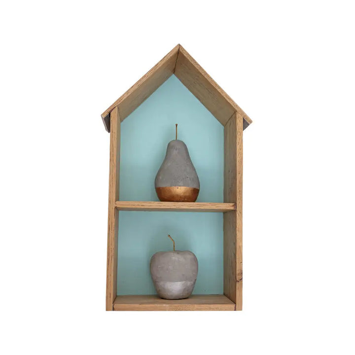 Medium Sebastian house-shaped wall shelf made from French Oak with a turquoise painted back panel, featuring two compartments styled with decorative fruit ornaments – perfect for modern nursery or children's room storage
