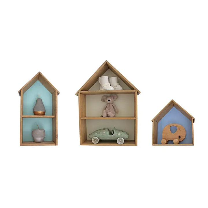 Sebastian house-shaped wall shelf set handcrafted from French Oak, styled with pigeon holes for toy and book display in nursery or child’s room
