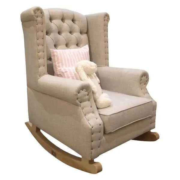 Baby Belle Ava Rocking Chair in Fibreguard fabric with diamond buttoning, studded wingback detail, and solid oak natural rocking legs – luxury nursing and feeding chair South Africa