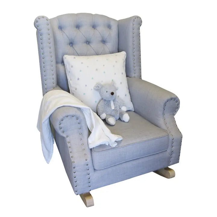 Baby Belle Ava Rocking Chair in grey fabric with diamond buttoning, studded wingback detail, and solid oak natural rocking legs – luxury nursing and feeding chair South Africa