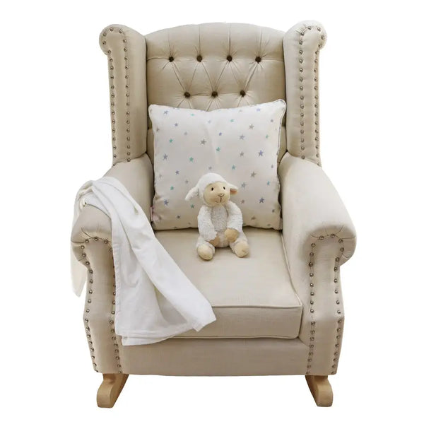 Baby Belle Ava Rocking Chair in Oatmeal fabric with diamond buttoning, studded wingback detail, and solid oak natural rocking legs – luxury nursing and feeding chair South Africa