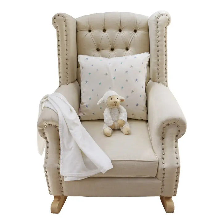 Baby Belle Ava Rocking Chair in Oatmeal fabric with diamond buttoning, studded wingback detail, and solid oak natural rocking legs – luxury nursing and feeding chair South Africa