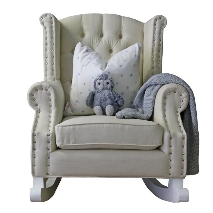 Baby Belle Ava Rocking Chair in Beige fabric with diamond buttoning, studded wingback detail, and painted rocking legs – luxury nursing and feeding chair South Africa
