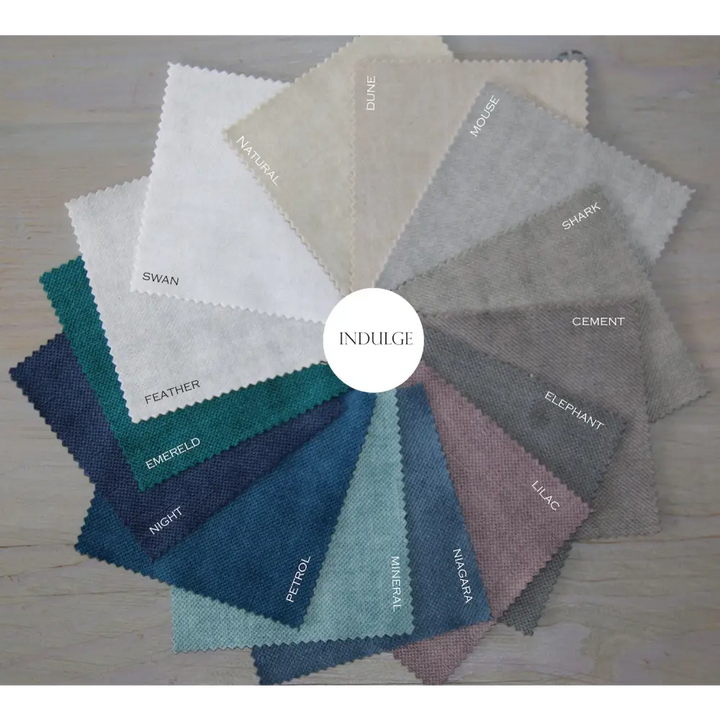 FibreGuard Indulge fabric colour wheel showing 20 velvet upholstery shades for Baby Belle luxury nursing and rocking chairs in South Africa