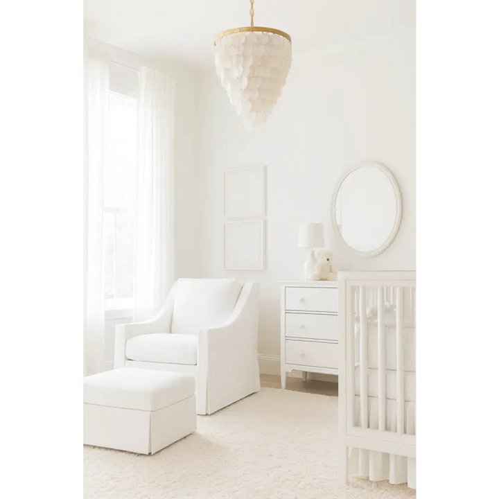 Baby Belle Dahlia Glider Chair with matching ottoman in white slipcover fabric, styled in a luxury all-white nursery interior – handcrafted nursing and feeding chair South Africa