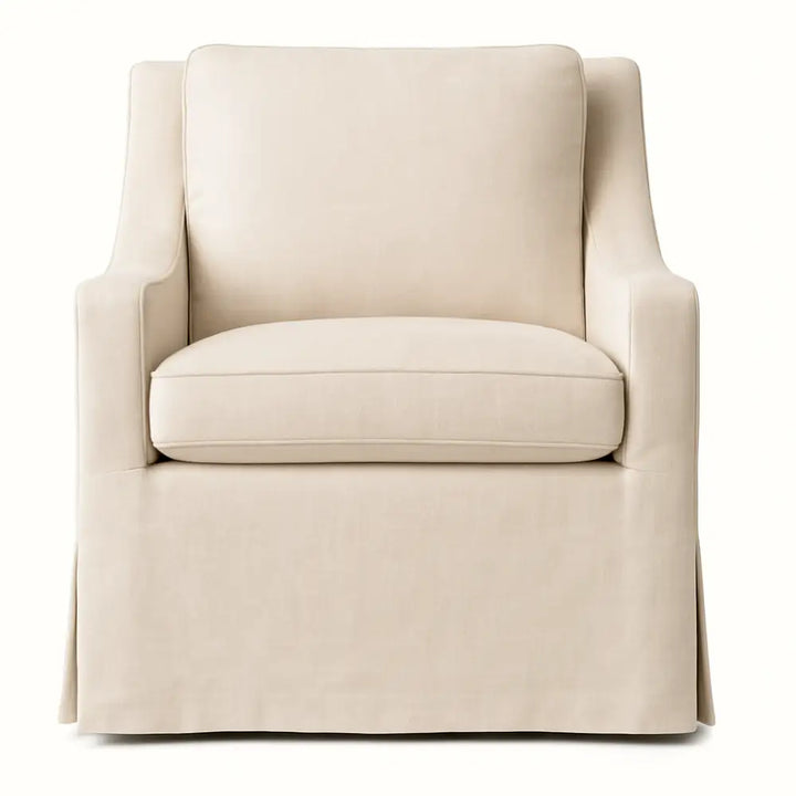 Baby Belle Dahlia Glider Chair upholstered in FibreGuard Indulge Natural fabric – luxury slipcover nursing and feeding chair with optional swivel or glider base, handcrafted in South Africa