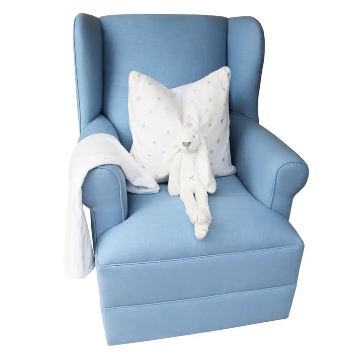 Baby Belle Entree Feeding Chair in blue fabric with classic wingback design, spacious seat, and optional glider base – handcrafted luxury nursing and feeding chair South Africa