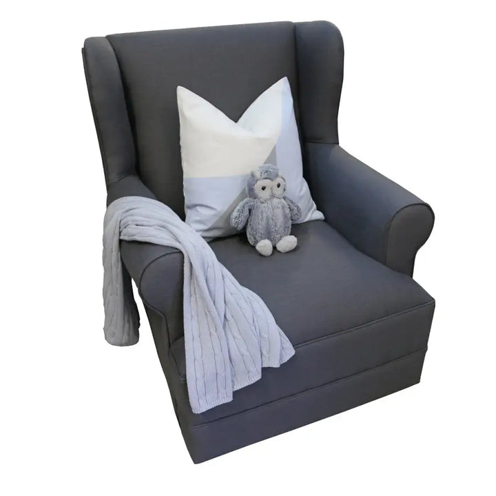 Baby Belle Entree Feeding Chair in charcoal fabric with timeless wingback design, extra-wide seat, and optional glider base – luxury nursing and feeding chair South Africa