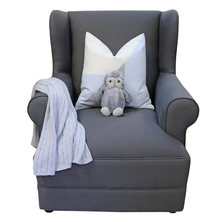 Front view of the Baby Belle Entree Feeding Chair in charcoal fabric, timeless wingback design with wide seat and optional glider base – luxury nursing and feeding chair South Africa