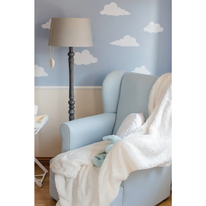 Baby Belle Entree Feeding Chair in light blue fabric with classic wingback design, extra-wide seat, and optional glider base – luxury nursing and feeding chair handcrafted in South Africa