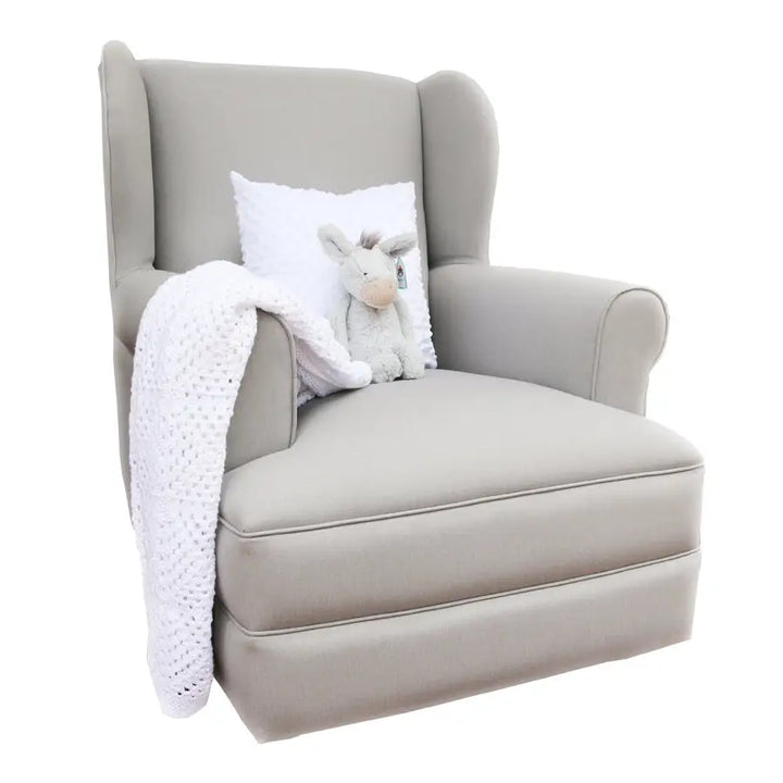 Baby Belle Entree Feeding Chair in sand fabric with classic wingback design, wide seat, and optional glider base – handcrafted luxury nursing and feeding chair South Africa