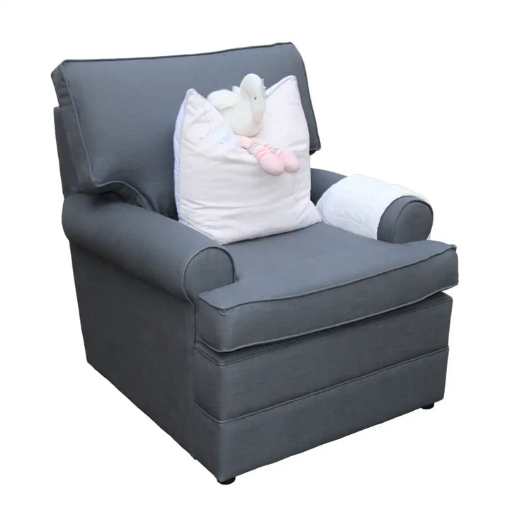 A side view of the Jetaime Chair, upholstered in deep charcoal fabric. The armchair has plush cushioning, rolled arms, and a supportive high backrest, offering a modern yet timeless design ideal for a nursery or living space.