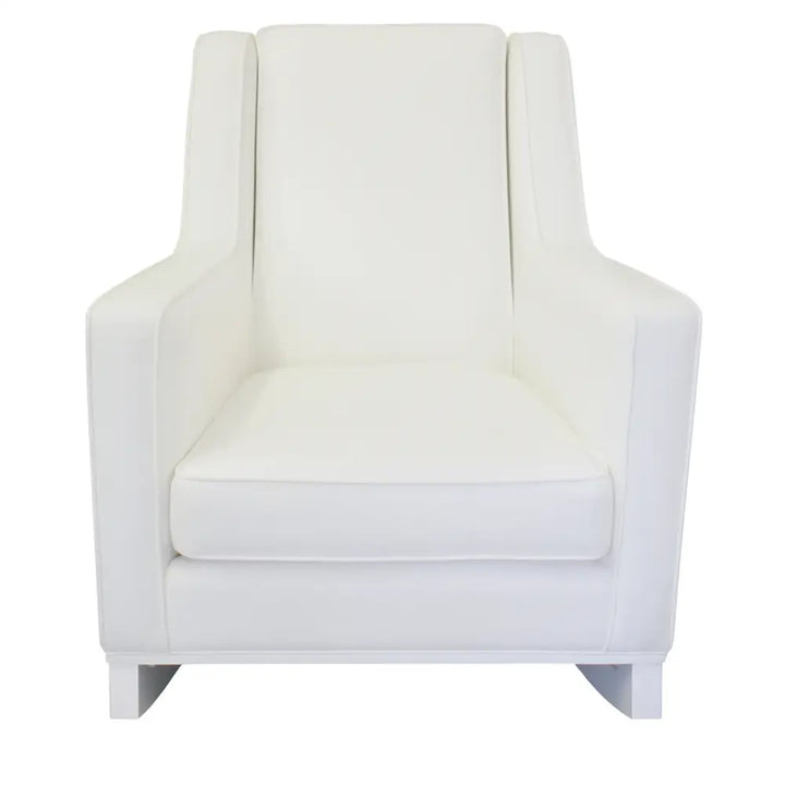 The Mathew Rocking Chair from Baby Belle, upholstered in white fabric with a modern wingback design, padded seat, and wooden rocking base, crafted for comfort and style in the nursery or living space.